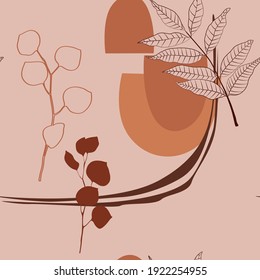 Modern abstract seamless pattern with colorful shapes and leaves branches. Perfect for textile, wrapping paper, fabric. Brown color palette.