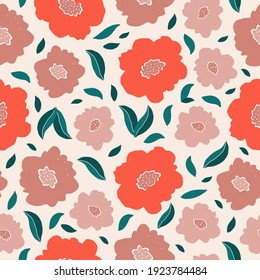 Modern abstract  seamless pattern with colorful flowers and leaves.  Vector hand drawn design for  wallpaper, textile, paper, cover, fabric, interior decor 