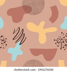 Modern abstract seamless pattern with colorful spots, shapes, lines, dots and design elements. Hand drawn scandinavian background. Perfect for textile, wrapping paper, fabric etc. Vector illustration