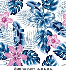 modern abstract seamless pattern with colorful tropical monstera palm leaves and pink abstract hibiscus flower, frangipani plant foliage on white background. Vector design. Floral background. summer