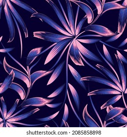 Patrón abstracto moderno sin fisuras con hojas tropicales de bambú coloridas y bellas plantas azules rosadas sobre fondo oscuro. estilo monocromático. Fondo floral. Tropos exóticos. Diseño de verano