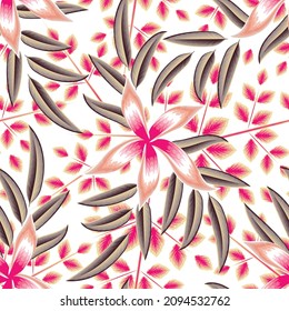 moderno patrón abstracto sin fisuras con coloridas hojas de plantas tropicales y follaje de flores rosadas sobre fondo blanco. Diseño de vectores. Impresión de la jungla. Fondo floral. Tropical exótico. Diseño de verano. otoño