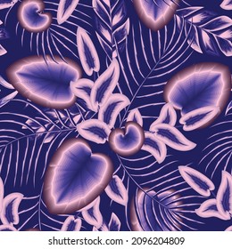Modern abstract seamless pattern with colorful shapes, palm leaves, calla leaf and pink plants foliage on blue background. vector design. fashionable prints texture. jungle wallpaper. Summer design