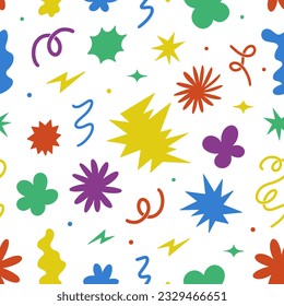 Modern abstract seamless pattern with colorful spots, shapes, lines, dots and design elements. Hand drawn groovy background.  