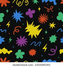 Modern abstract seamless pattern with colorful spots, shapes, lines, dots and design elements. Hand drawn groovy background.  