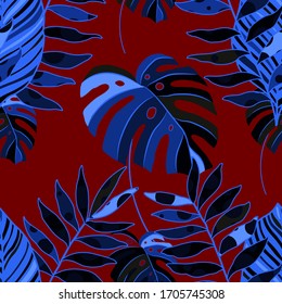 Modern abstract seamless pattern with creative colorful tropical leaves for design. Retro bright summer background. Jungle foliage illustration. Swimwear botanical design. Vintage exotic print. Vector
