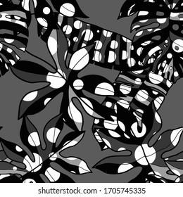 Modern abstract seamless pattern with creative colorful tropical leaves for design. Retro bright summer background. Jungle foliage illustration. Swimwear botanical design. Vintage exotic print. Vector