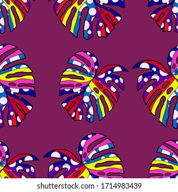 Modern abstract seamless pattern with creative colorful tropical leaves for design. Retro bright summer background. Jungle foliage illustration. Swimwear botanical design. Vintage exotic print. Vector