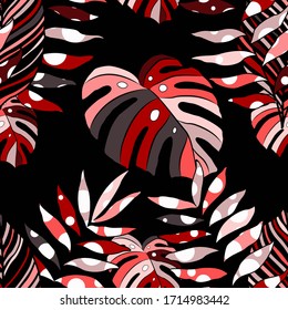 Modern abstract seamless pattern with creative colorful tropical leaves for design. Retro bright summer background. Jungle foliage illustration. Swimwear botanical design. Vintage exotic print. Vector