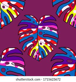 Modern abstract seamless pattern with creative colorful tropical leaves for design. Retro bright summer background. Jungle foliage illustration. Swimwear botanical design. Vintage exotic print. Vector