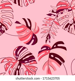 Modern abstract seamless pattern with creative colorful tropical leaves for design. Retro bright summer background. Jungle foliage illustration. Swimwear botanical design. Vintage exotic print. Vector