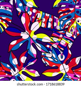 Diseño moderno y abstracto con creativas hojas tropicales de color. Fondo de verano retro y luminoso. Ilustración de follaje de la jungla. Diseño botánico de ropa de baño. Impresión exótica vintage. Vector