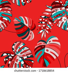 Modern abstract seamless pattern with creative colorful tropical leaves for design. Retro bright summer background. Jungle foliage illustration. Swimwear botanical design. Vintage exotic print. Vector