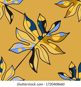 Modern abstract seamless pattern with creative colorful tropical leaves for design. Retro bright summer background. Jungle foliage illustration. Swimwear botanical design. Vintage exotic print. Vector