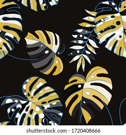 Modern abstract seamless pattern with creative colorful tropical leaves for design. Retro bright summer background. Jungle foliage illustration. Swimwear botanical design. Vintage exotic print. Vector