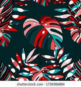 Modern abstract seamless pattern with creative colorful tropical leaves for design. Retro bright summer background. Jungle foliage illustration. Swimwear botanical design. Vintage exotic print. Vector