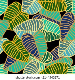Modern abstract seamless pattern with creative colorful tropical leaves. Summer background. Jungle foliage illustration. Swimwear botanical design. Vintage exotic print.