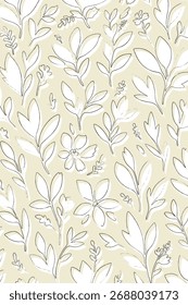 padrão moderno e abstrato sem emenda, apresentando a arte de linhas arrojadas de folhas e flores com uma textura rabiscada, desenhada à mão contra um fundo amarelo quente e pálido. Este design elegante é ideal para têxteis