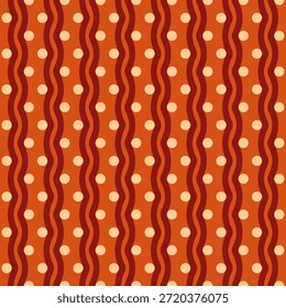 Modern abstract seamless pattern featuring wavy stripes and circular accents. Retro-inspired geometric background ideal for textiles, wallpaper, packaging, and branding. Orange, cream, wine.