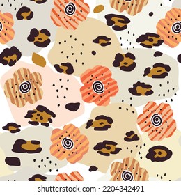 Modern abstract  seamless pattern. flowers and spots of leopard skin. Design of colors and shapes of colored paper cutouts in bright and pastel colors
