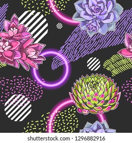 Modern abstract seamless pattern. Geometric background decorated with flowers, neon circles, different stripes.