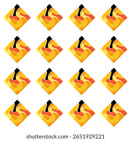 A modern abstract seamless pattern with geometric design, featuring organic and fluid shapes in bright orange and yellow with contrasting white lines and black accents.