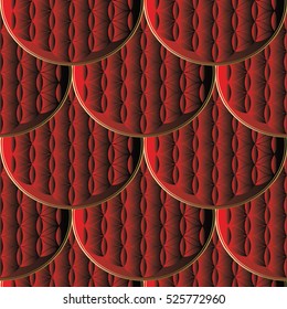 Modern abstract seamless pattern. Geometric red 3d background. Luxury ornate 3d wallpaper. Stylish vector surface red texture with volumetric ornamental circles and waves pattern ornaments.