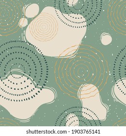 Modern abstract seamless pattern with hand drawn textures, spots and brush strokes. Hand drawn various shapes and doodle objects. Stylish repeted background. 