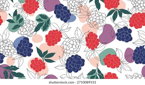 Un patrón moderno y abstracto sin fisuras de frambuesas y moras coloridas y dibujadas a mano con Formas de bloques de color orgánico.