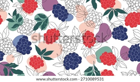 A modern and abstract seamless pattern of hand-drawn and colorful raspberries and blackberries with organic color block shapes.