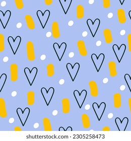 Modern abstract seamless pattern with heart shapes and doodles. Romantic hand drawn vector design illustration. Colorful background