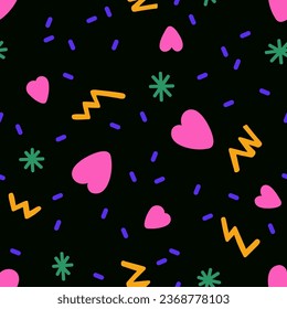 Modern abstract seamless pattern with hearts, lightnings, lines elements. Hand drawn vector illustration. Creative repeatable wallpaper background