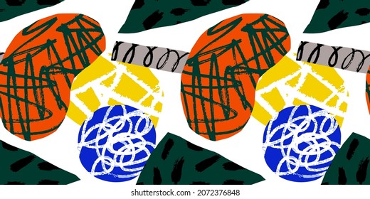 Ilustración de patrones abstracta moderna sin fisuras con formas coloridas de gran mano. Fondo de arte contemporáneo a la moda, dibujos de doodles a mano alzada, diseño de niños de forma de collage básico.