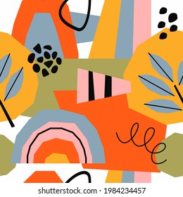 Modern abstract seamless pattern with jungle plants,  doodle shapes and lines. Creative collage contemporary  background. Fashionable template for design.