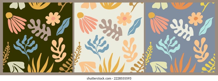 Patrón abstracto moderno sin fisuras, con formas naturales coloridas, algas y flores en diferentes orígenes. Ilustraciones de vectores retro a la moda en estilo plano para envolver papel, papel textil, papel pintado.