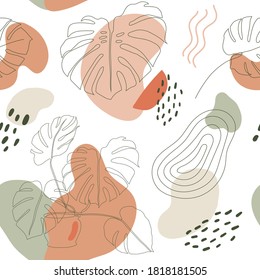 Modern abstract seamless pattern with one line monstera and organic shapes. One line drawing, continuous line. Trendy vector hand drawn illustration, good for fabrics, wallpapers, wrapping paper.