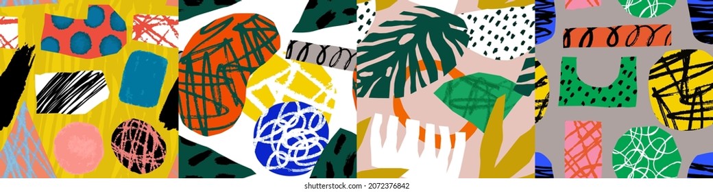 Modern abstract seamless pattern set with colorful big hand drawn shapes. Trendy contemporary art background collection, random freehand doodle drawings, summer collage backdrop or children design.