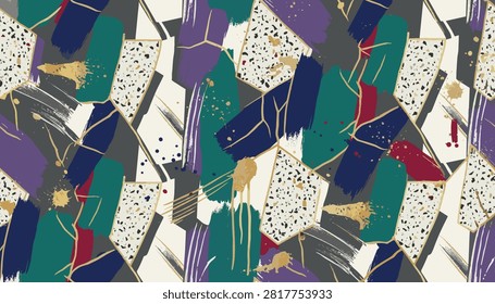 Modern abstract seamless pattern showcases textured brush strokes, terrazzo geometric shapes, and luxury gold line details.