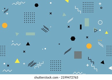 Patrón abstracto moderno sin fisuras para banner de medios sociales. Diseño en diferentes íconos y formas en el estilo memphis, combinaciones de color gris amarillo azul negro. Imprimir para tela, papel, cubiertas, papel pintado.