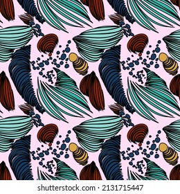 Modern abstract seamless pattern for textile design. Seamless vector background pattern with abstract ornaments. Retro bright summer background. Vintage exotic print.