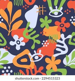 Modern abstract Seamless Pattern. Trendy botanical colorful background with various groovy geometric shapes, flowers, spots. Modern Matisse style repeat vector illustration