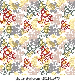 Modern abstract seamless pattern with uneven round stains, spots, geometrical shapes, splashes, lines. Geo background, textile.   
