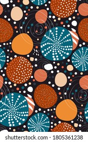 Modern abstract seamless pattern with various drawn geometric shapes, dots. Contemporary trendy illustration. Creative minimalistic concept. Colored vector print, fashion template, fabric, cover.