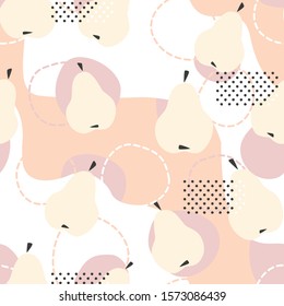 Modern abstract seamless pattern with vector pear, spot, dot and circle objects. Feminine colours and fresh garden fruit repeat design to print on textile, wrapping paper, wallpaper.