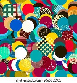 Modern abstract seamless pattern of vector colorful circle shaped balls overlaying one over the other in a chaotic way.