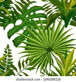 Modernes abstraktes, nahtloses Muster mit tropischen wasserfarbenen Blättern für die Textilgestaltung. Retro Sommer Hintergrund. Dschungelblumengrafik. Swimwear botanisches Design. Vintage exotische Druck. Vektorillustration.