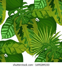 Modern abstract seamless pattern with watercolor tropical leaves for textile design. Retro summer background. Jungle foliage illustration. Swimwear botanical design. Vintage exotic print. Vector.