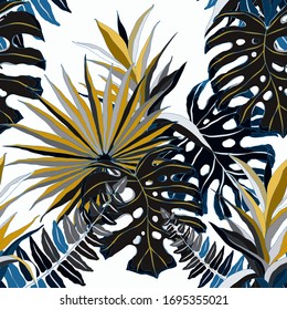 Modern abstract seamless pattern with watercolor tropical leaves for textile design. Retro summer background. Jungle foliage illustration. Swimwear botanical design. Vintage exotic print. Vector.