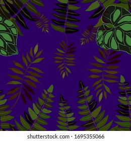 Modern abstract seamless pattern with watercolor tropical leaves for textile design. Retro summer background. Jungle foliage illustration. Swimwear botanical design. Vintage exotic print. Vector.