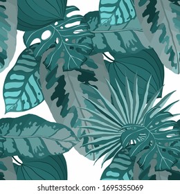 Moderno patrón abstracto sin fisuras con hojas tropicales acuarelas para el diseño textil. Fondo de verano retro. Ilustración de follaje de la jungla. Diseño botánico de ropa de baño. Impresión exótica vintage. Vector.